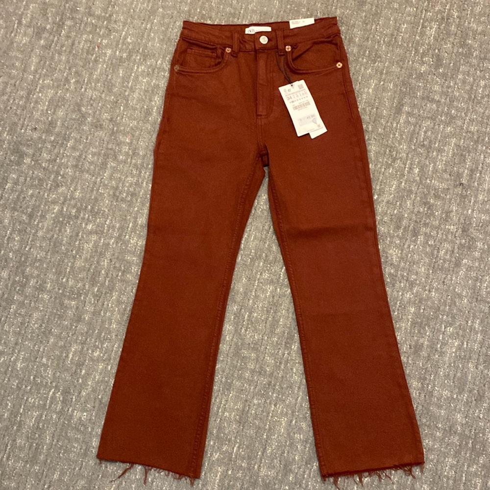 ZARA TRF FLARE CROPPED JEANS DARK BROWN SIZE 34 (US 2) NWT